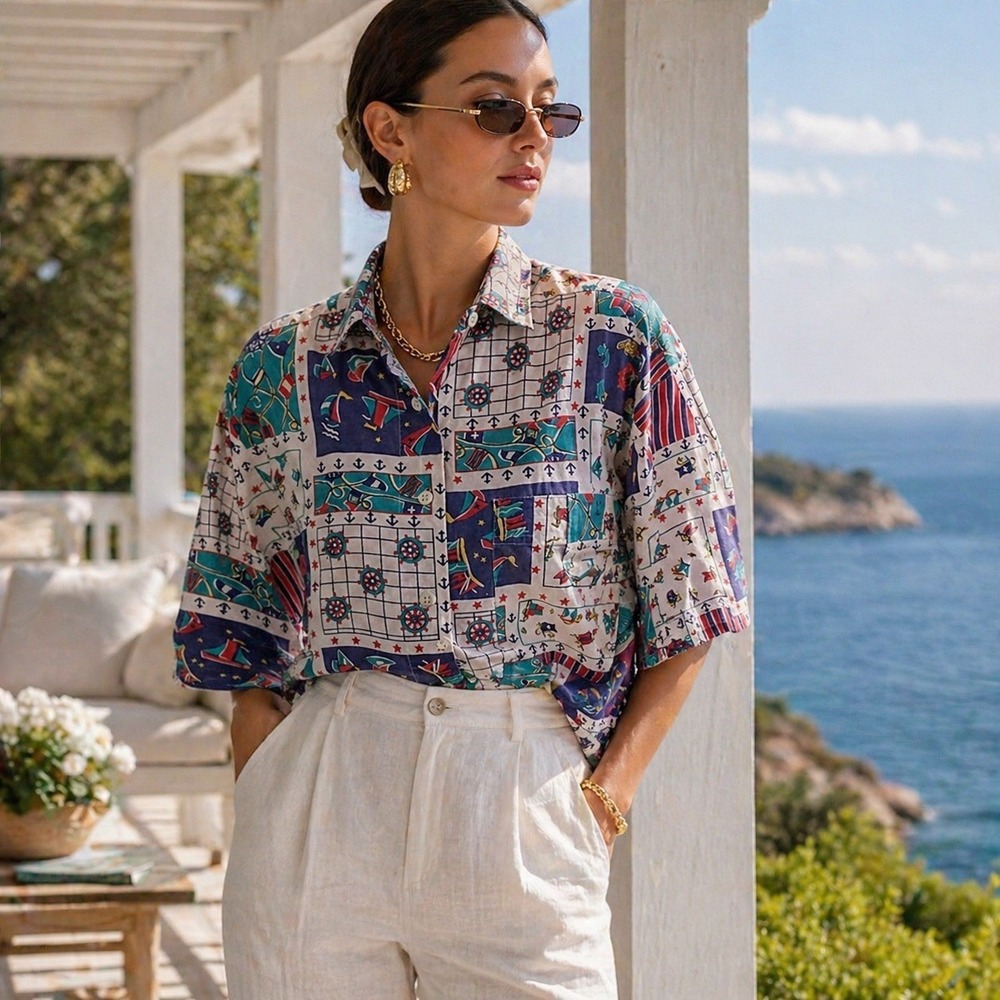 VTG 90s KZK Nautical Patchwork Shirt Blouse Sailboat Sz L 22x26 Faded Cotton